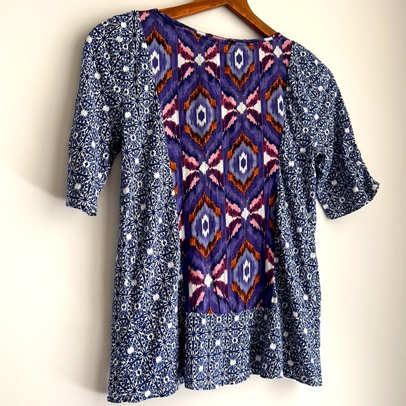 Anthropologie Akemi + Kin Blue Purple Split Neck Ikat Boho Top - Picture 10 of 11